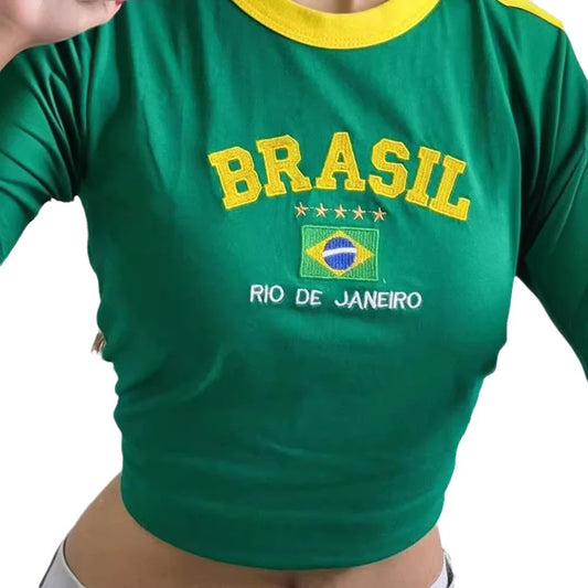 BRASIL Brazil Vintage Color Block Crop Top, Embroidered Short/Long Sleeve Y2K Baby Tee