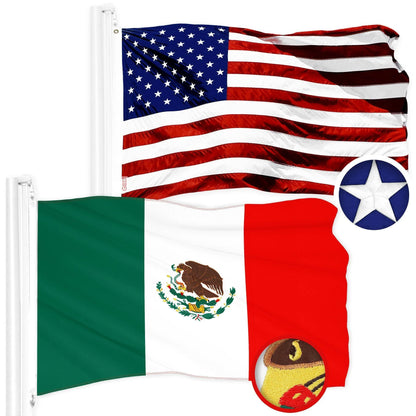 G128 Combo Pack: American USA Flag 2.5X4 Ft & Mexico Mexican Flag 2.5X4 Ft Both Toughweave Series Embroidered 300D Polyester, Embroidered Design, Indoor/Outdoor, Brass Grommets