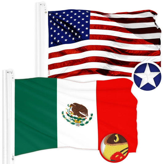 G128 Combo Pack: American USA Flag 2.5X4 Ft & Mexico Mexican Flag 2.5X4 Ft Both Toughweave Series Embroidered 300D Polyester, Embroidered Design, Indoor/Outdoor, Brass Grommets